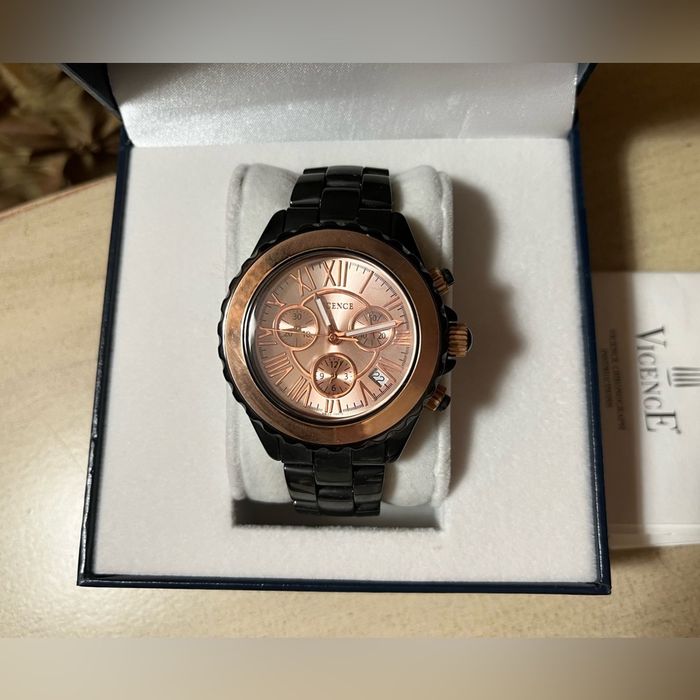 Vicence Italian Gold Bold Black Ceramic Chronograph Watch 14K Rose Gold NWT